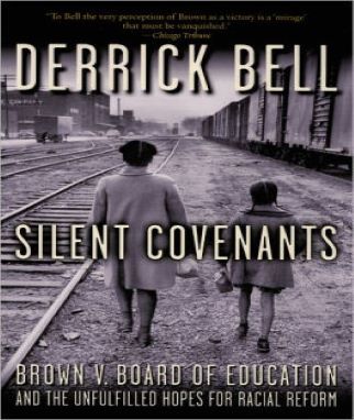 The cover of Silent Covenants by Derrick Bell showing the backs of two young Black girls walking alongside railroad tracks